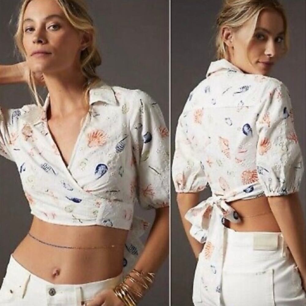 Maeve NWT Sz S Puff-Sleeve Cropped Wrap Top Blouse Sea Shell Print Cotton